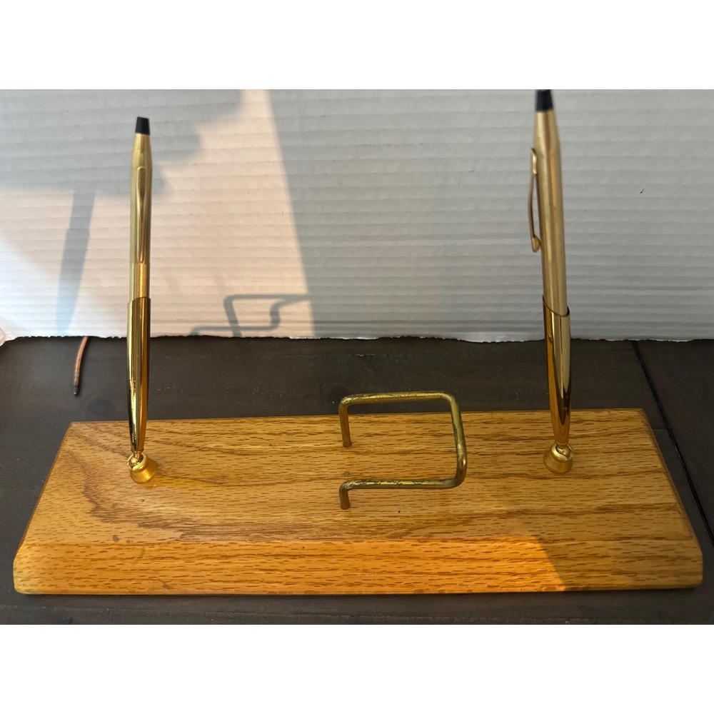 Vintage Cross 12KT Gold Filled Double Pen Desk Set Solid Oak Wood Base USA